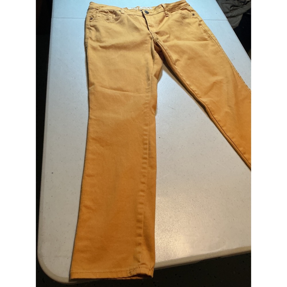 Blue Faith Womens Mustard Yellow Straight Leg Stretch Pants Rhinestone Size 14